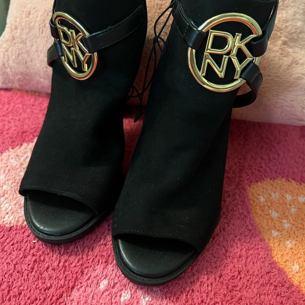 DKNY Black Open Toe Booties with Gold Accent